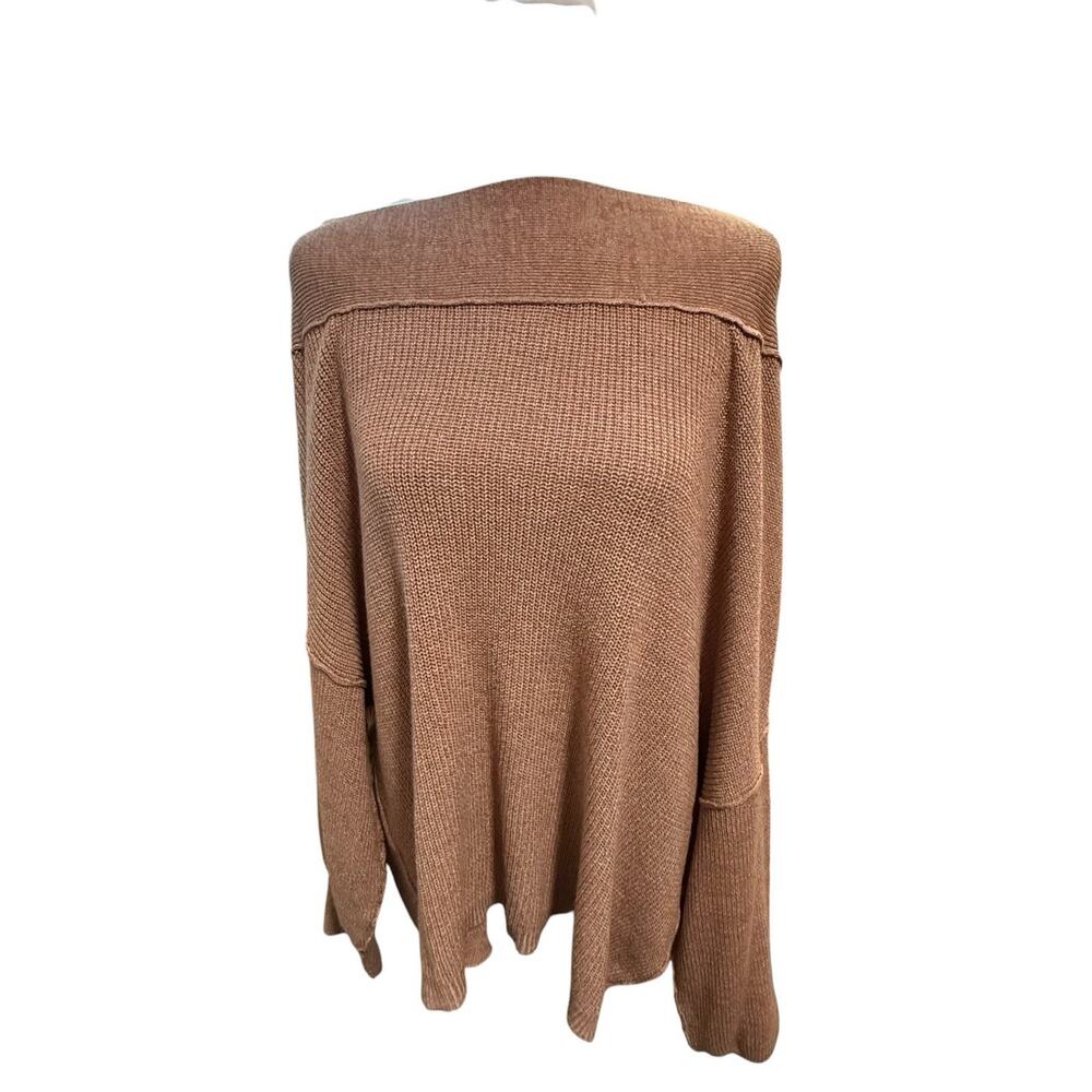 Free People Alana Pullover Off Shoulder Sweater Brown SIZE LARGE Oversize Linen - Picture 2 of 9